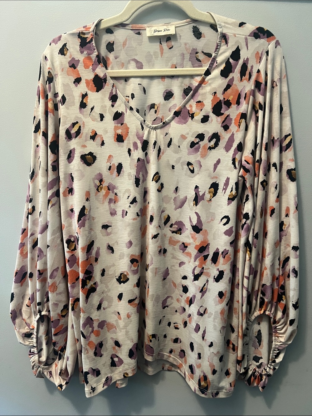 Beeson River Cream Animal-Print V-Neck Long Sleeve Top with Purple & Peach Spots
